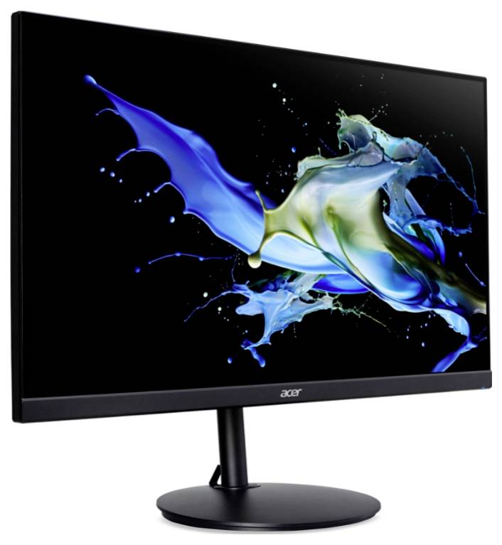 Ein Desktop-Monitor von Acer mit einem abstrakten, farbenfrohen Hintergrunddesign auf dem Bildschirm, hauptsächlich in Blau und Grün.