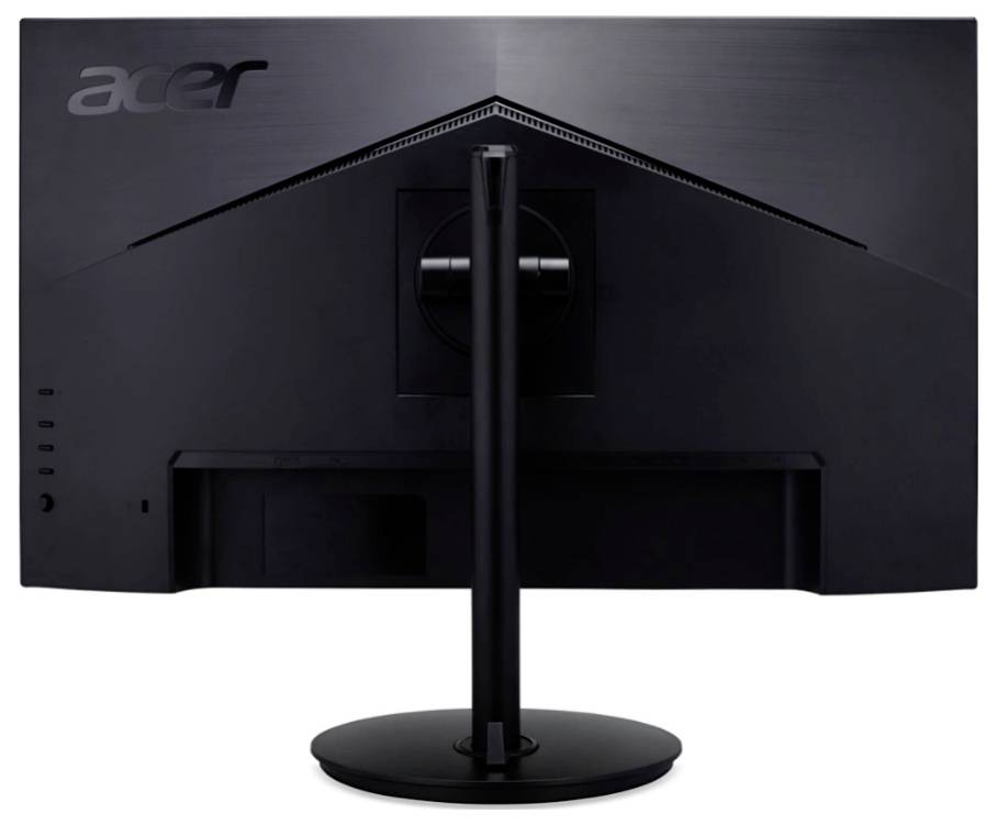 Rückansicht eines schwarzen Computerbildschirms der Marke Acer, montiert auf einem Standfuß.