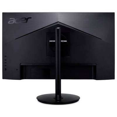 Rückansicht eines schwarzen Computerbildschirms der Marke Acer, montiert auf einem Standfuß.