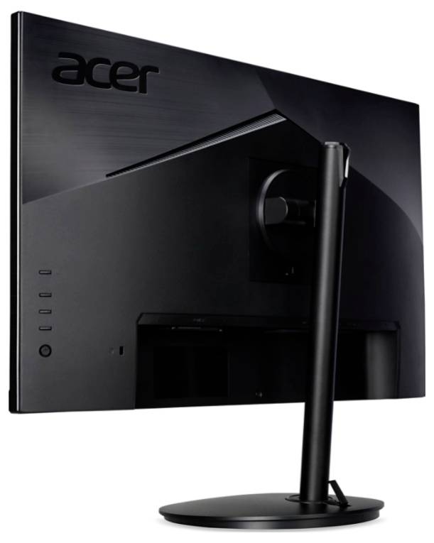 Ein schwarzer Acer-Monitor von hinten, auf einem runden Standfuß, mit schlichtem, modernem Design.