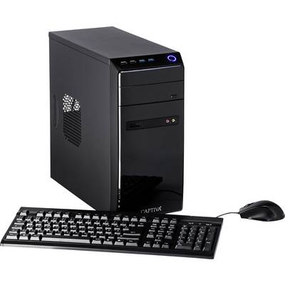 Ein schwarzer Desktop-Computer mit einer Front-LED, zusammen mit einer Tastatur und einer Maus; geeignet für Büroarbeiten.