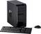 Ein schwarzer Desktop-Computer mit einer Front-LED, zusammen mit einer Tastatur und einer Maus; geeignet für Büroarbeiten.