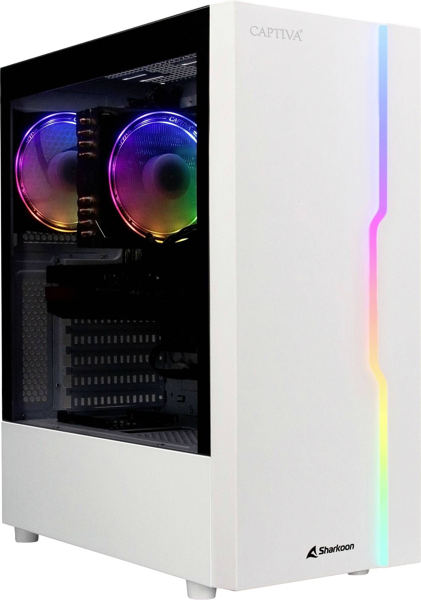 Ein weißes PC-Gehäuse mit transparentem Seitenteil, das bunte Lüfter und eine vertikale RGB-Leiste zeigt.