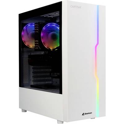Ein weißes PC-Gehäuse mit transparentem Seitenteil, das bunte Lüfter und eine vertikale RGB-Leiste zeigt.