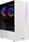 Ein weißes PC-Gehäuse mit transparentem Seitenteil, das bunte Lüfter und eine vertikale RGB-Leiste zeigt.