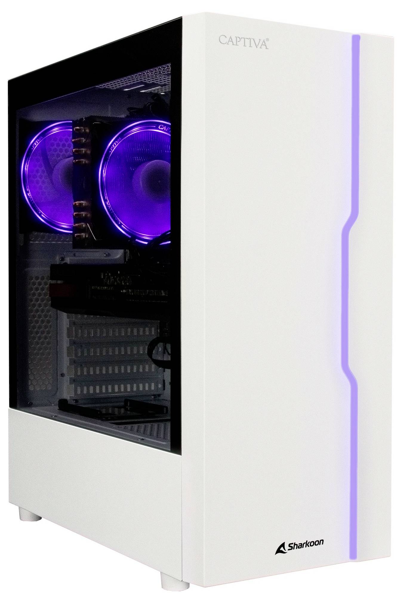 Ein weißer Desktop-Computer mit sichtbarer interner Beleuchtung in Lila. Seitliche Glasscheibe zeigt zwei beleuchtete Lüfter.