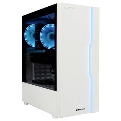 Ein weißer Computer-Tower mit blauer LED-Beleuchtung und sichtbaren Kühlventilatoren durch das transparente Seitenfenster.