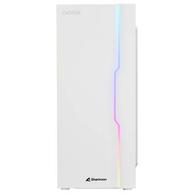 Computerturm von Captiva, weiß, mit vertikaler RGB-Lichtleiste auf der Vorderseite. Logo von Sharkoon unten sichtbar.