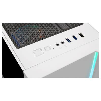 Weißes Computergehäuse mit Lüftungsgitter oben, mehreren USB-Anschlüssen und einem Netzschalter auf der Vorderseite.