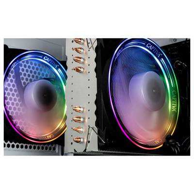 Zwei PC-Lüfter mit bunten LED-Leuchtringen in einem Computergehäuse. Sie zeigen einen Regenbogeneffekt und sind an Kühlkörpern montiert.