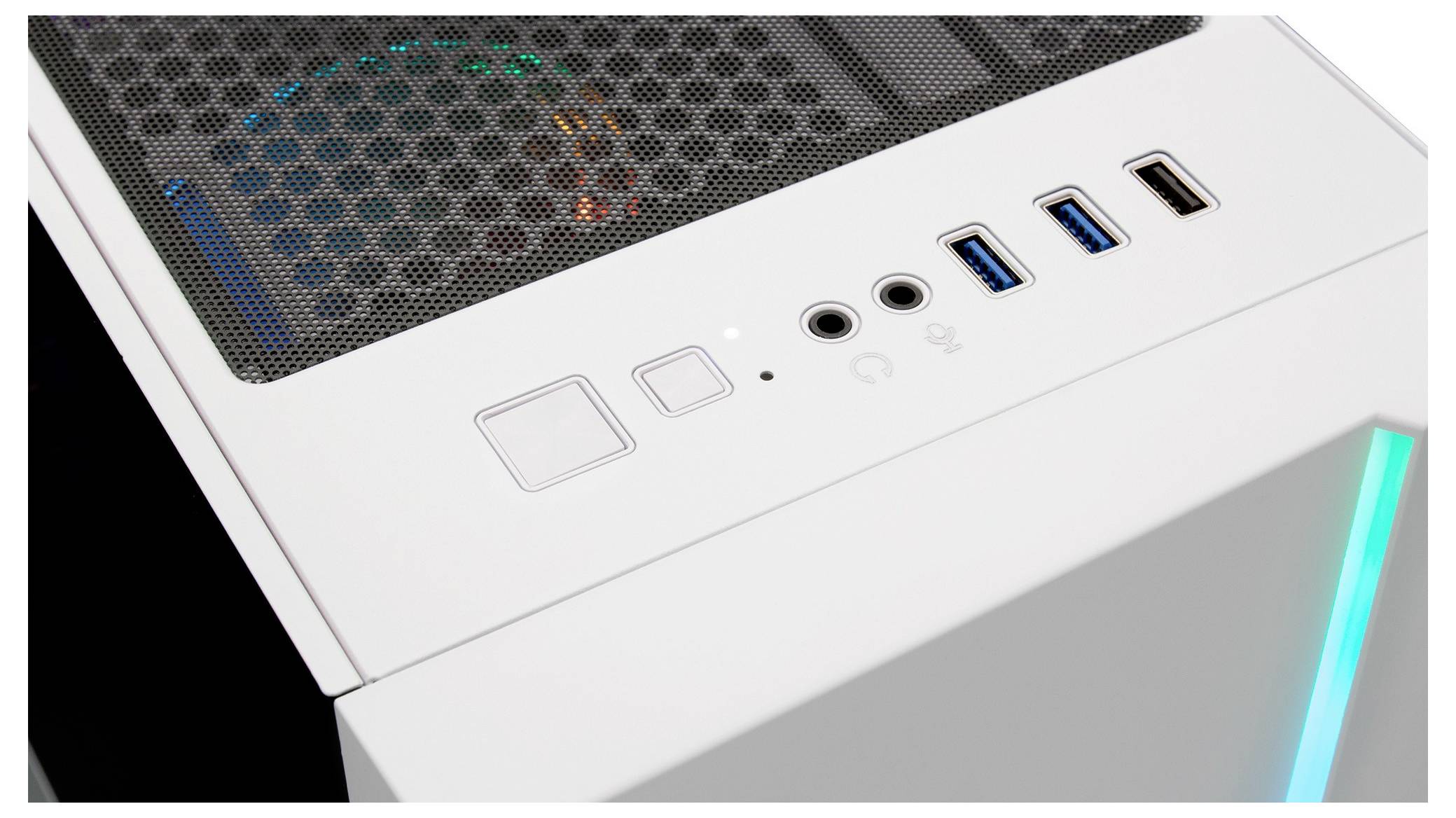 Weißes Computergehäuse mit Lüfterabdeckung, zwei USB-Anschlüssen, Kopfhörer- und Mikrofonanschluss, und Beleuchtungsstreifen.