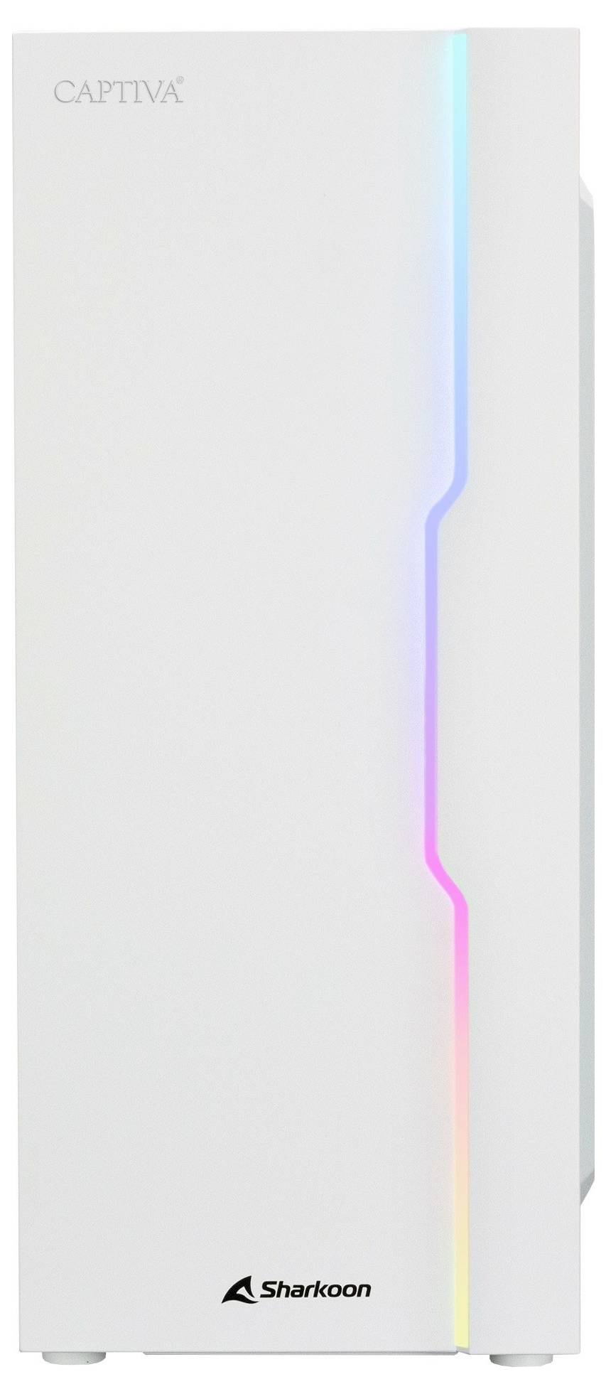 Weißes Computergehäuse mit vertikalem LED-Lichtstreifen und den Markenlogos 'Captiva' und 'Sharkoon' auf der Frontseite.