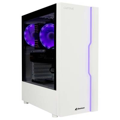 Ein moderner, weißer Computer-Gaming-Tower mit Sichtfenster und lila beleuchteten Lüftern.