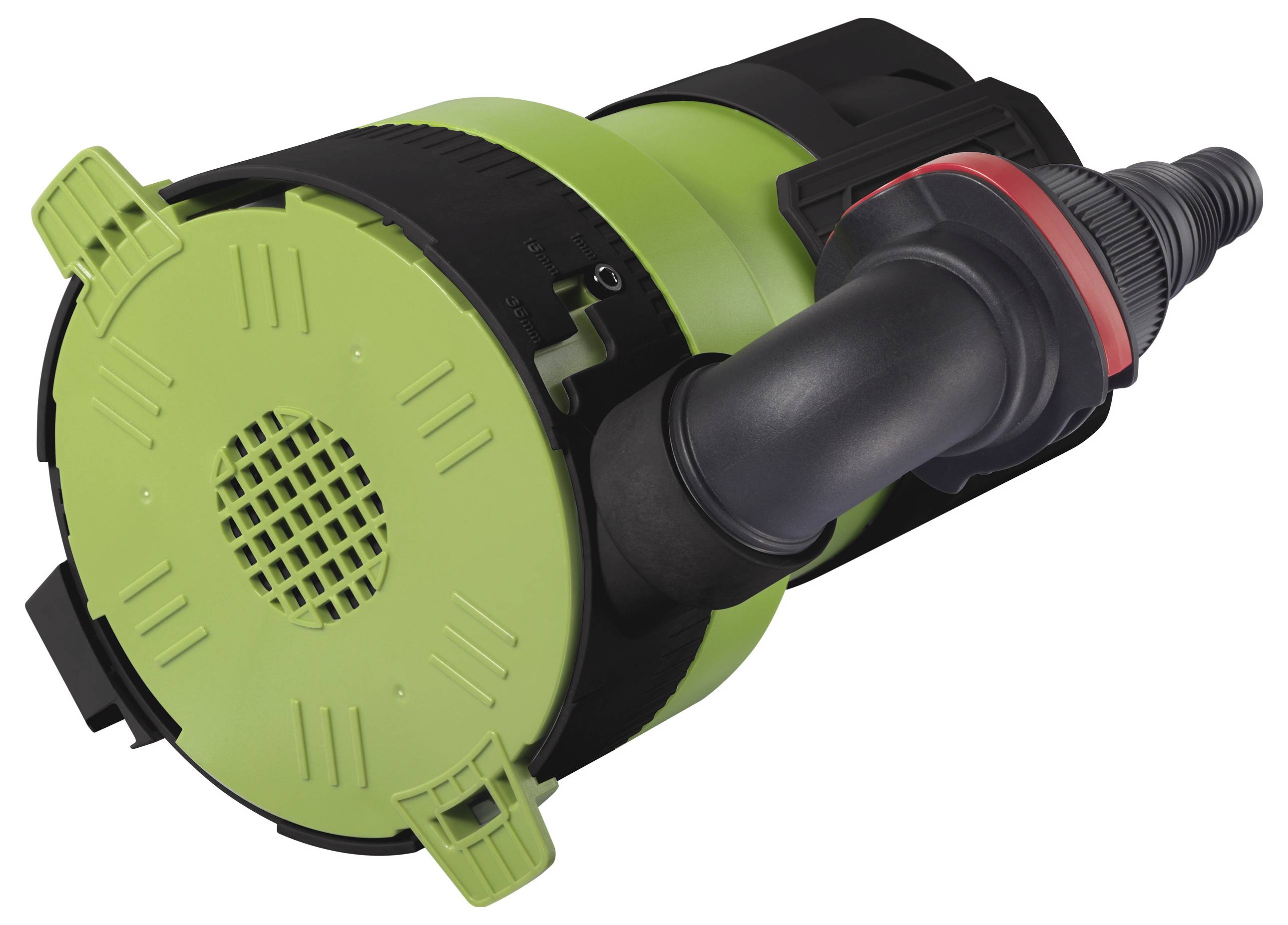 Eine grüne Wasserpumpe mit schwarzem Schlauch und rotem Ringadapter, geeignet für Garten- oder Teichanwendungen.
