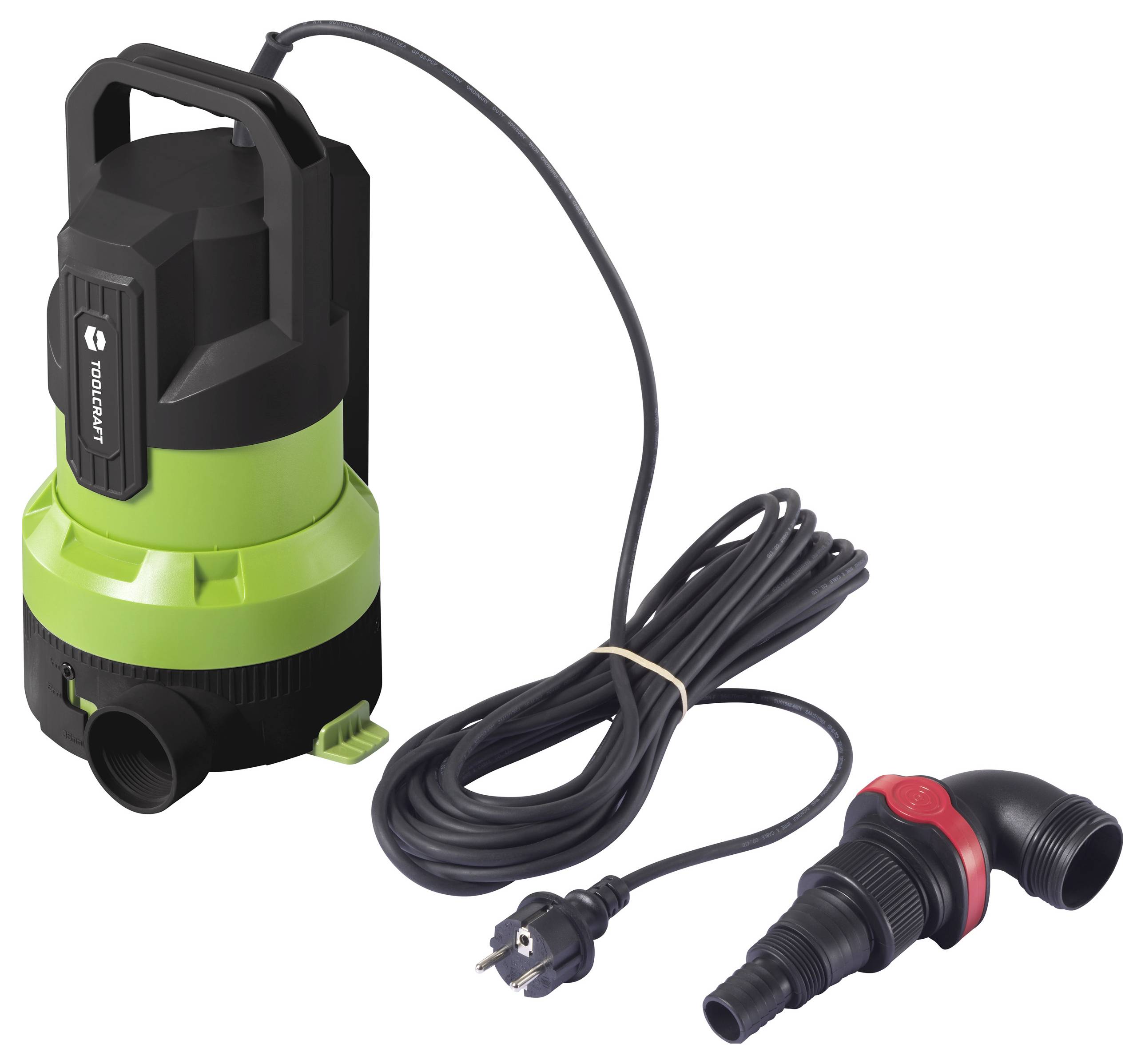 Eine grüne und schwarze Tauchpumpe mit langem Kabel und Stecker, neben einem roten und schwarzen Rohranschluss.