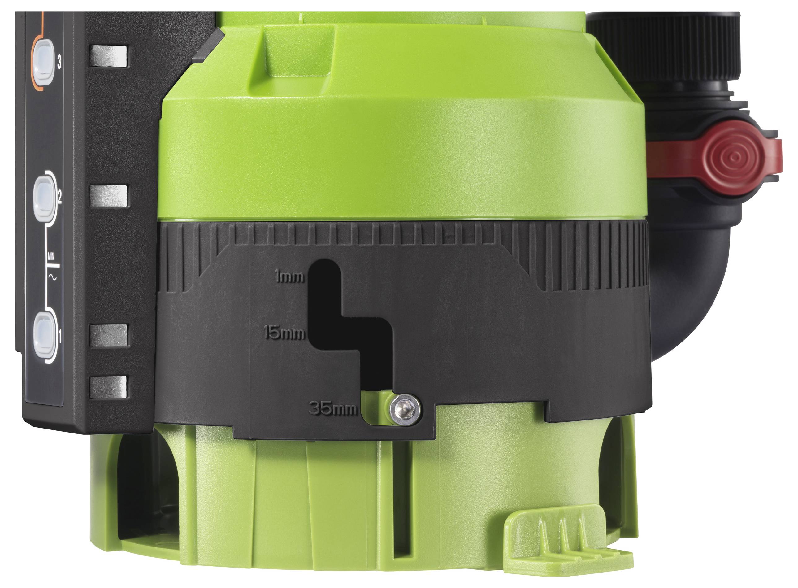 Grüner Wasserpumpenfuß aus Kunststoff mit Größenangaben zur Wasserflussanpassung.
