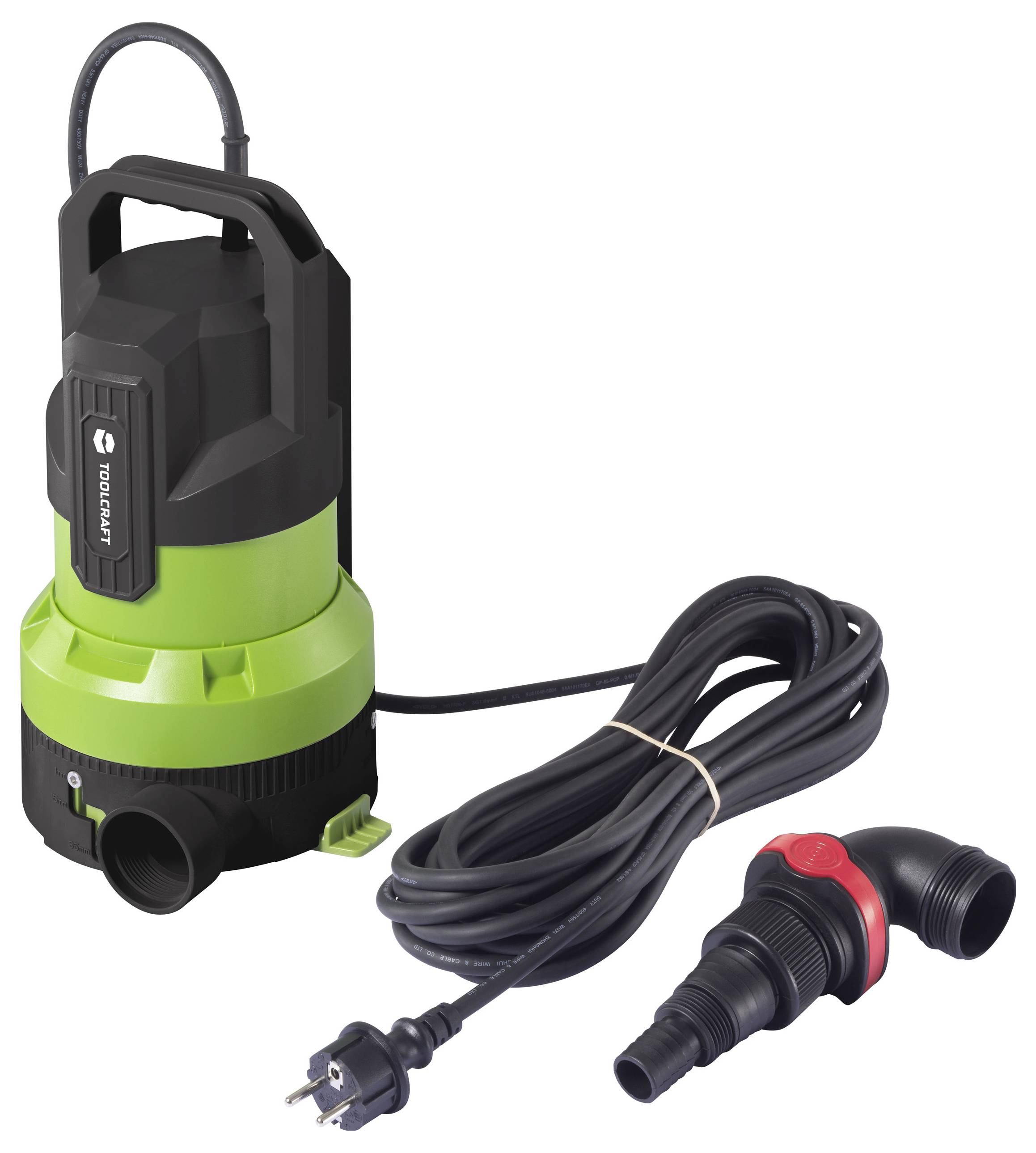 'Grüne Tauchpumpe mit schwarzem Netzkabel und Stecker. Ein Adapter mit Gewinde liegt daneben. Geeignet für Wasserentsorgung.'