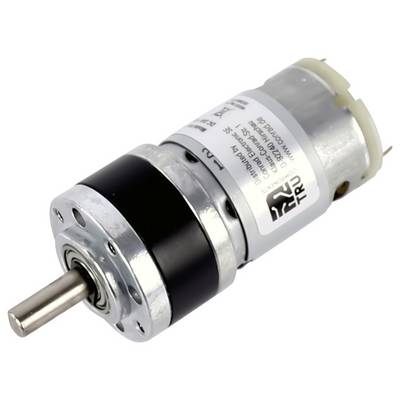 Ein kleiner Elektromotor mit Gleichstromantrieb und angebrachtem Getriebehead. Er weist eine zylindrische Form, eine vorstehende Welle und eine Beschriftung mit Spezifikationen auf.