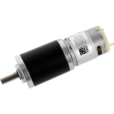 Ein kleiner Elektromotor mit zylindrischem schwarzem und metallischem Gehäuse, mit einem Etikett mit Text und elektrischen Anschlüssen an einem Ende.
