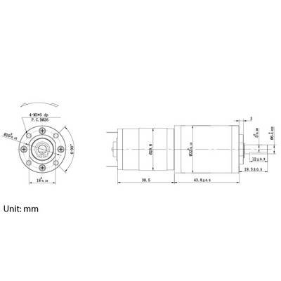Technische Zeichnung eines zylindrischen mechanischen Bauteils mit Maßangaben: 38,5 mm, 43,8 mm; Vorder- und Seitenansichten mit Bohrungspositionen.