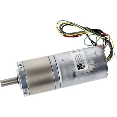 Ein bürstenloser Gleichstrommotor mit angebrachten Drähten und einem Etikett, das Spezifikationen angibt.