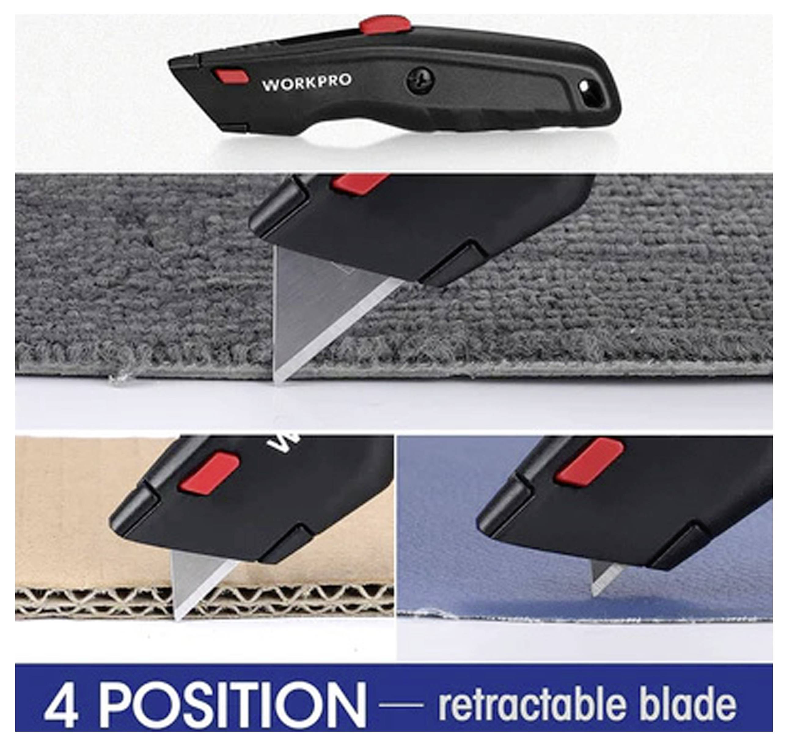 WORKPRO Utility-Messer mit schwarzem Griff und rotem Knopf; einziehbare Klinge wird in drei Bildern gezeigt, wie sie Teppich, Karton und Kunststoff schneidet. Text: 4 Positionen - einziehbare Klinge.