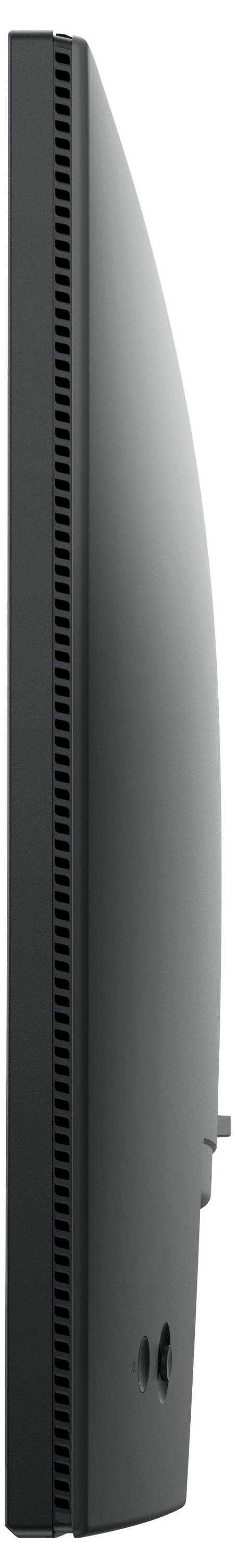 Seitliches Profil eines schlanken, gebogenen Computerbildschirms mit minimalem Rahmen.