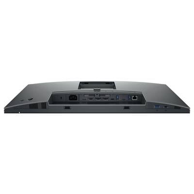 Rückseite eines Monitors mit mehreren Anschlüssen: Strom, DisplayPort, HDMI, USB, Ethernet. Geeignet für vielseitige Verbindungen.