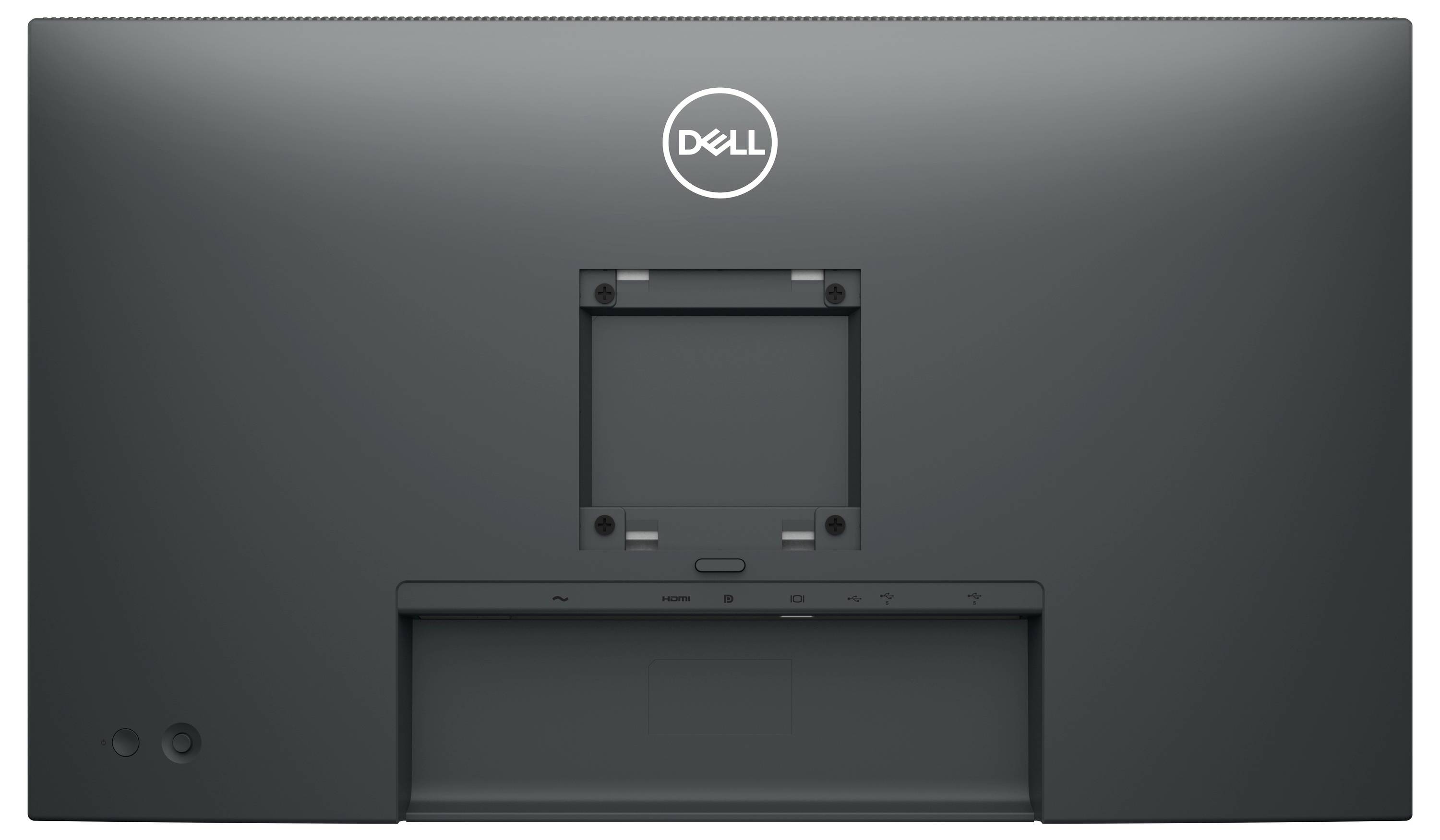 Rückansicht eines Dell-Computermonitors, dunkelgrau mit zentralem Logo und VESA-Halterungspunkten.