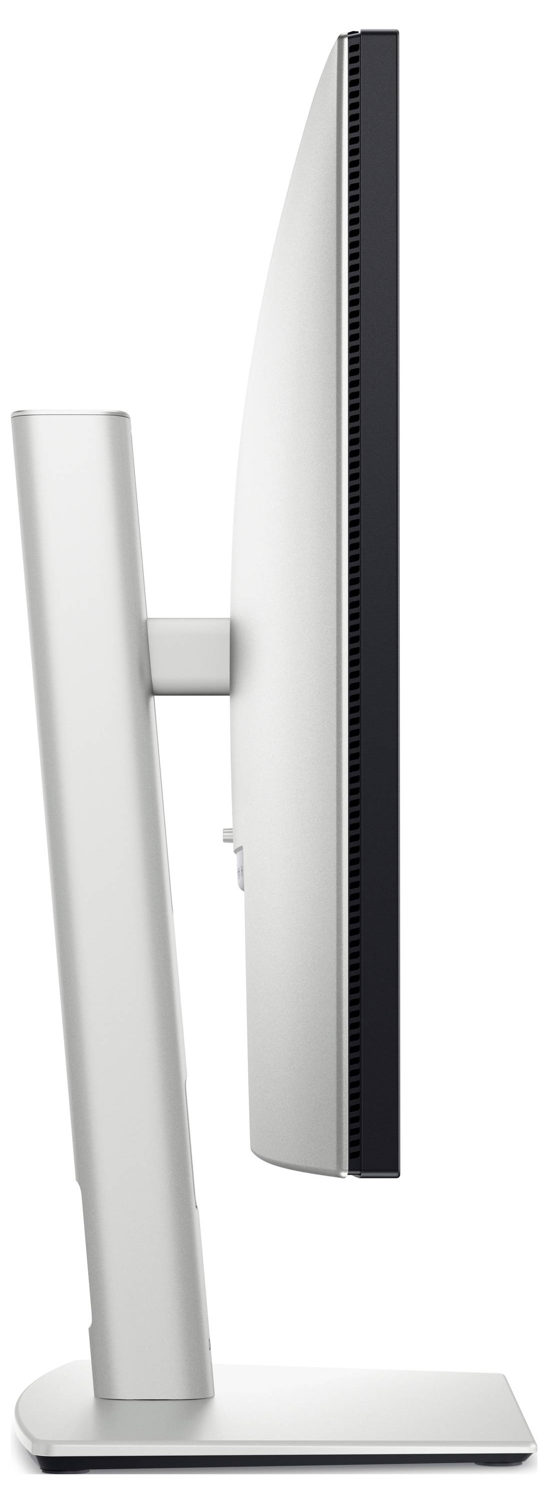 Seitenansicht eines Flachbildmonitors mit schlankem Design, silbernem Standfuß und dünnem Rahmen.