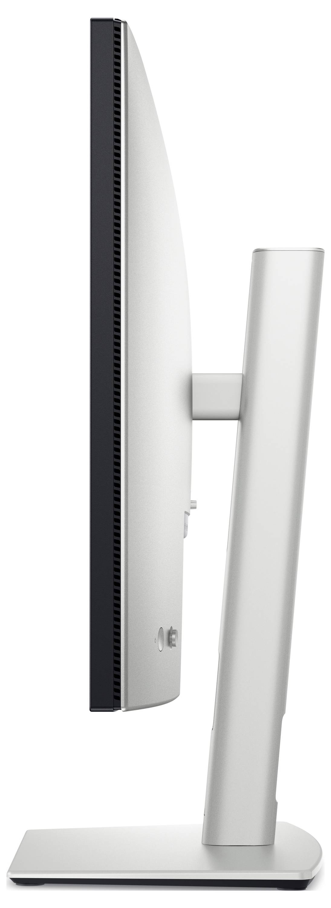 Seitenansicht eines modernen Computerbildschirms mit schlankem Design und stabilem Standfuß.