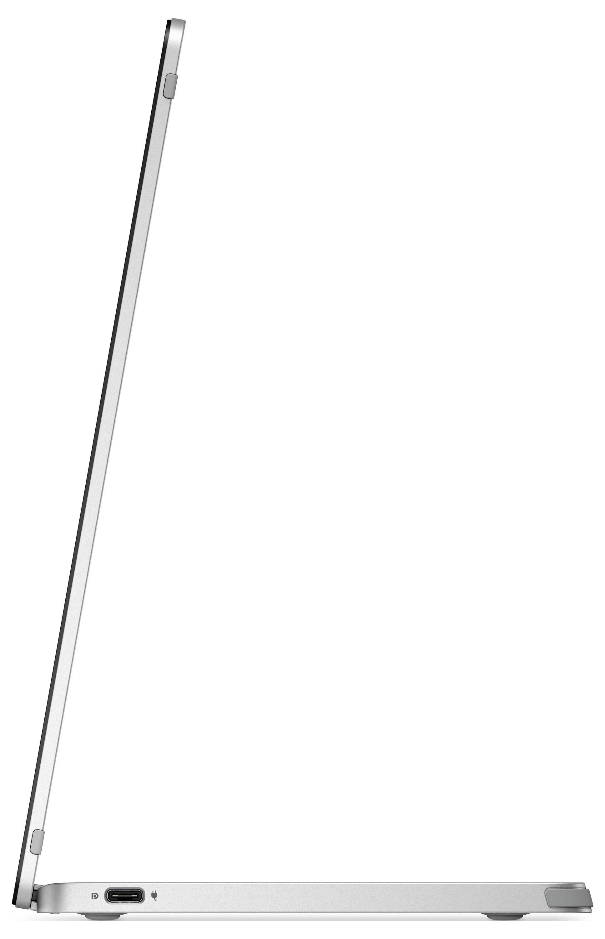 Silberner, geöffneter Laptop im Profil. Dünnes Design, mit sichtbarem USB-C-Anschluss. Modernes, schlankes Erscheinungsbild.