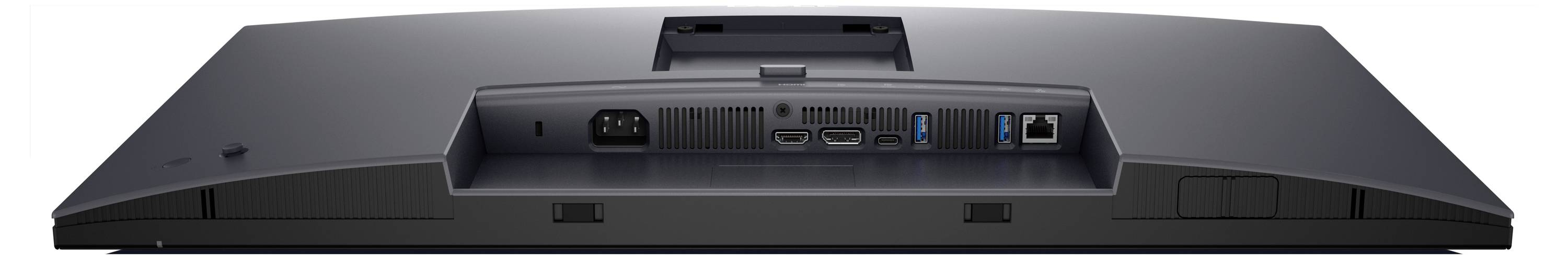 Rückansicht eines Monitors mit sichtbaren Anschlüssen: Strom, HDMI, DisplayPort, USB und Ethernet.