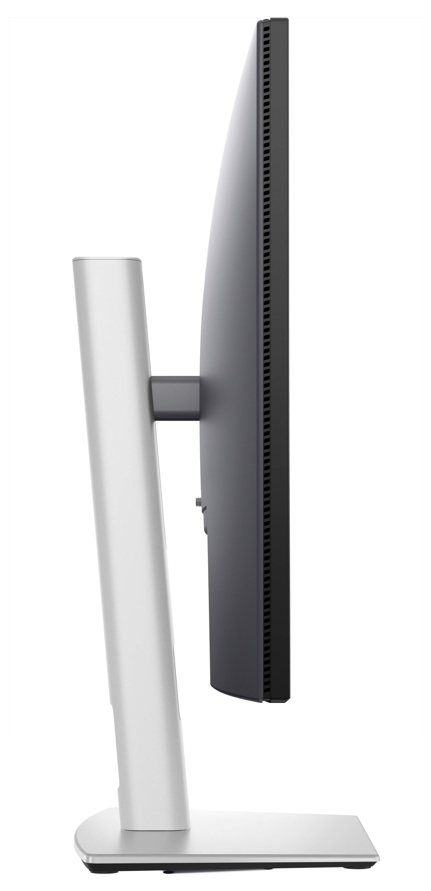 Seitliche Ansicht eines modernen Computerbildschirms mit schlankem Rahmen auf einem robusten, verstellbaren Standfuß.