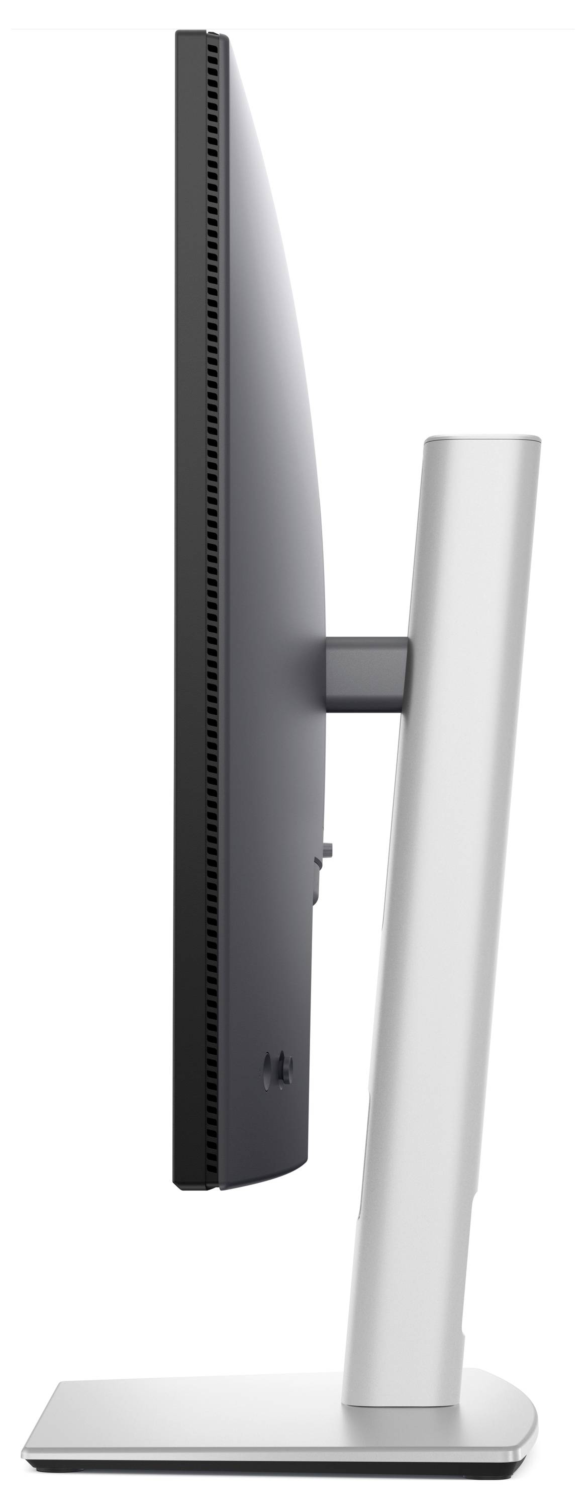 'Seitenansicht eines modernen, schlanken Computermonitors mit silbernem Standfuß.'
