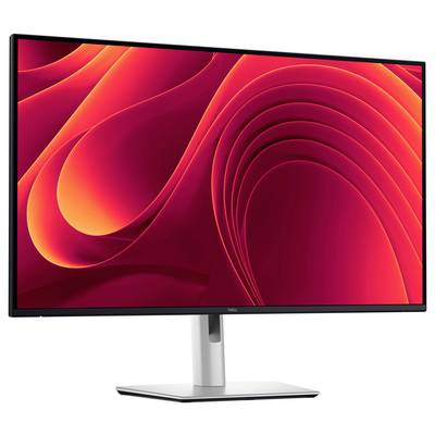 Ein großer Monitor mit einem geschwungenen, abstrakten roten und orangen Hintergrundbild.