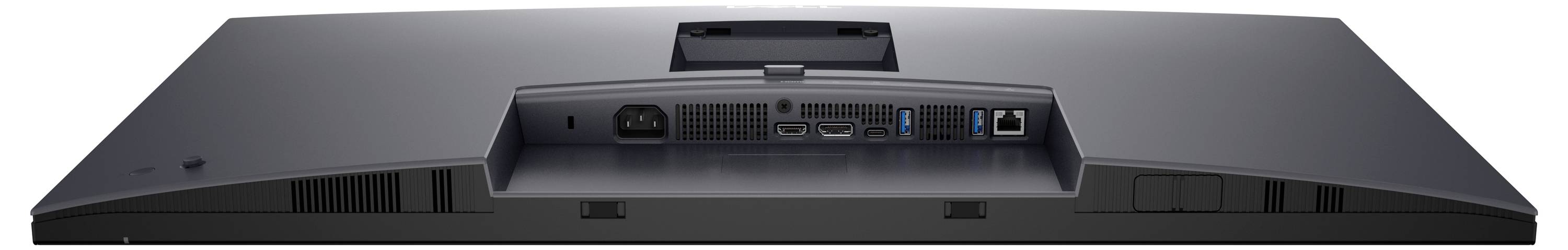 Rückseite eines Computerbildschirms mit mehreren Anschlüssen: Strom, HDMI, USB, DisplayPort, und Ethernet.