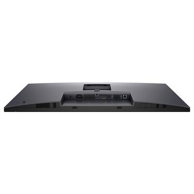 Rückseite eines Computerbildschirms mit mehreren Anschlüssen: Strom, HDMI, USB, DisplayPort, und Ethernet.