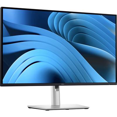 Ein Computerbildschirm zeigt abstrakte blaue Wellenmuster. Der Monitor hat ein schlankes Design mit schwarzem Rahmen auf silbernem Standfuß.