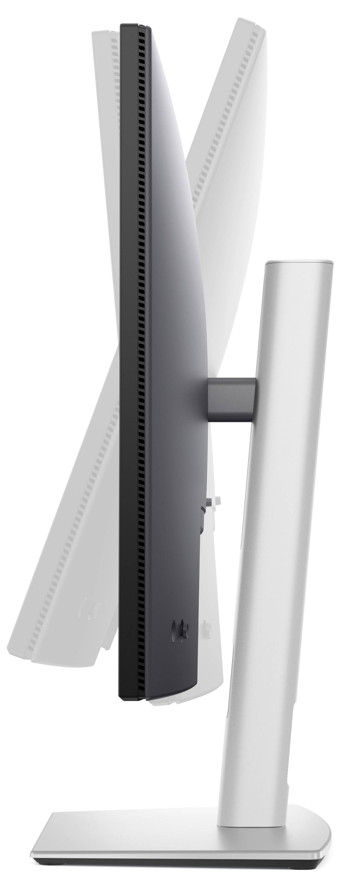 'Ein verstellbarer Computermonitor, der nach vorne und hinten geneigt werden kann, auf einem stabilen, silbernen Standfuß.'