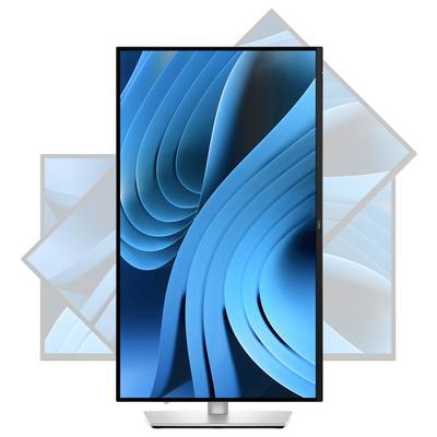 Ein großer Monitor im Hochformat zeigt ein abstraktes, blaues Design mit geschwungenen Linien vor einem grauen, stilisierten Hintergrund.