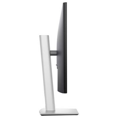 Ein seitlicher Blick auf einen modernen, schlanken Computermonitor, montiert auf einem Standfuß mit silberner Basis.