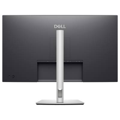 Der Monitor von hinten zeigt das Dell-Logo oben. Er hat einen schlanken, silbernen Standfuß und bietet eine moderne, minimalistische Ästhetik.