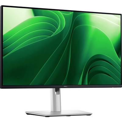 Ein Dell-Monitor mit einem geschwungenen, grünen Hintergrundbild. Der Monitor steht auf einem silbernen Fuß.