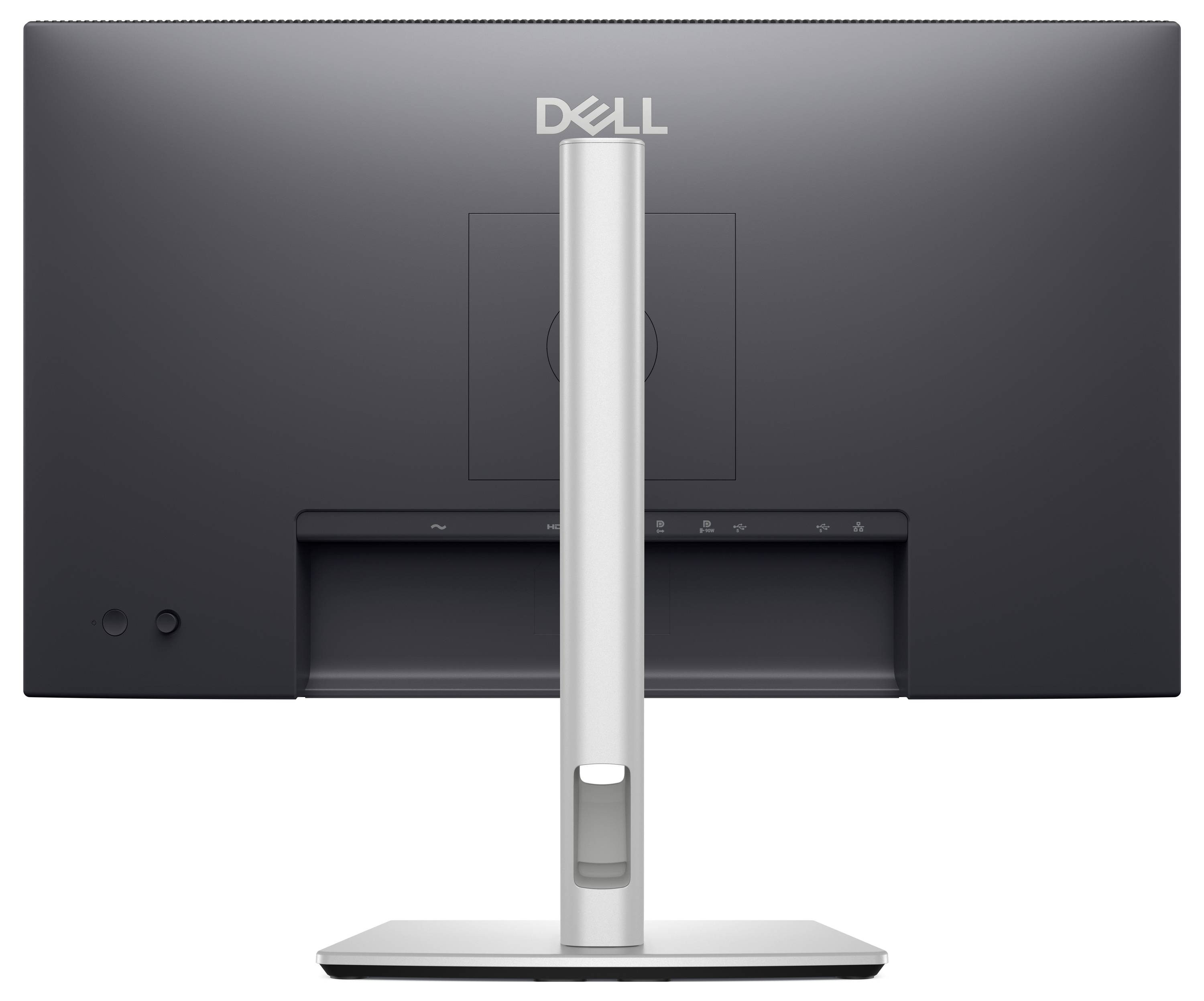 Der Dell-Monitor von hinten zeigt das schlanke Design mit silbernem Standfuß und Anschlüssen an der Rückseite.