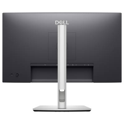 Der Dell-Monitor von hinten zeigt das schlanke Design mit silbernem Standfuß und Anschlüssen an der Rückseite.