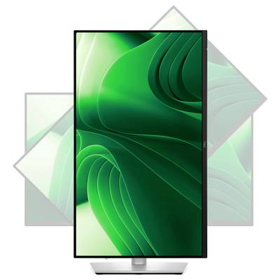 Ein hochauflösender Monitor zeigt einen stilisierten grünen Hintergrund mit geschwungenen Linien, umrahmt von einem modernen Ständer.