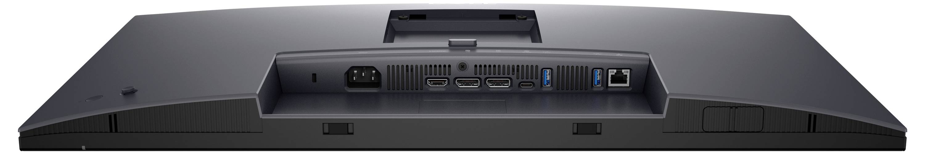 Rückseite eines Computerbildschirms mit mehreren Anschlüssen wie HDMI, DisplayPort, USB und einem Netzanschluss.