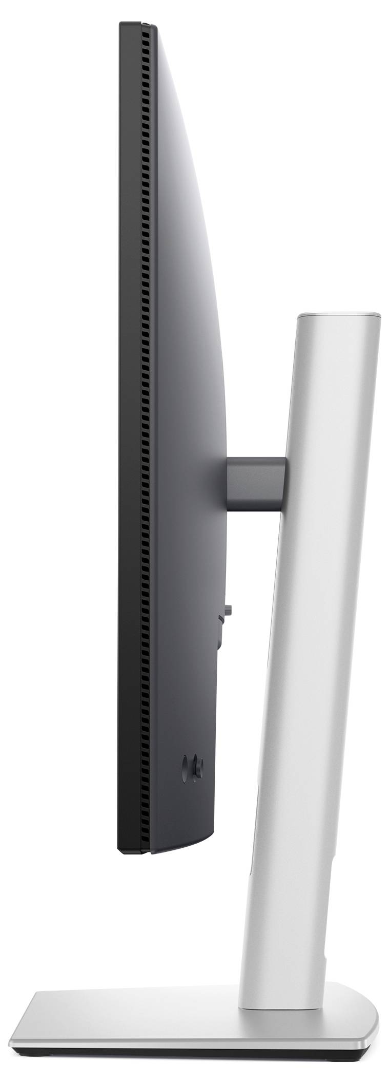 Ein seitlich abgebildeter, schmaler Monitor mit einem schlanken, abgerundeten Standfuß, der modernes Design zeigt.