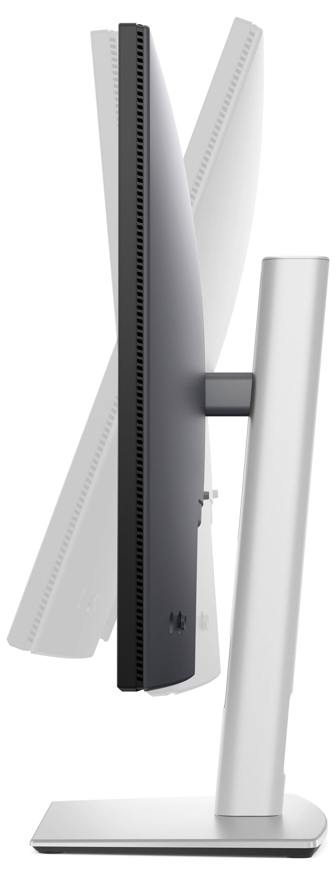 Ein Monitor mit verstellbarem Standfuß, der gezeigt wird, wie er gekippt werden kann.